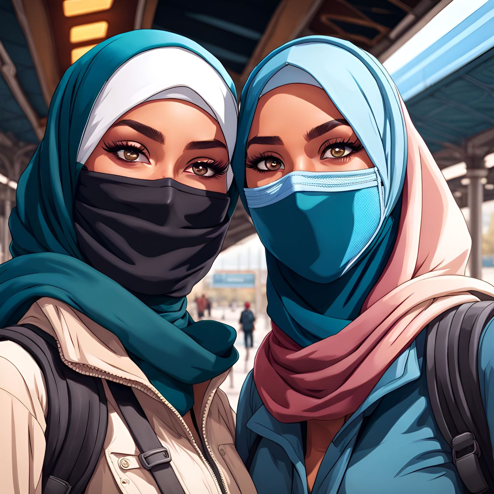 Two Hijabi Women Selfie at Railway Station
