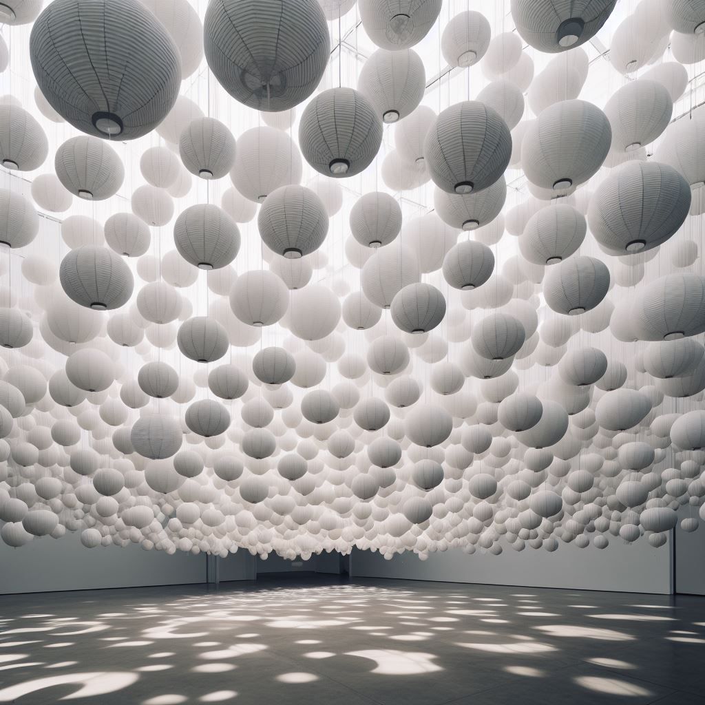 art installation of white paper lanterns