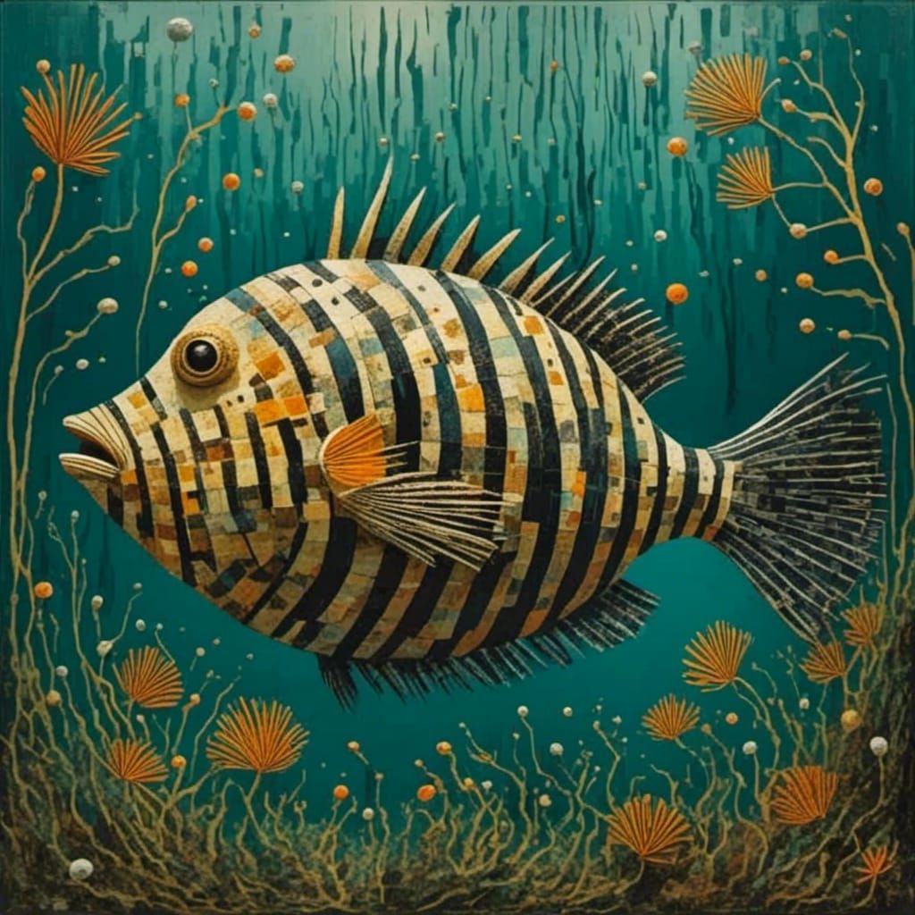 <lora:Be Square:1.0> Puffer fish swimming through sea weed