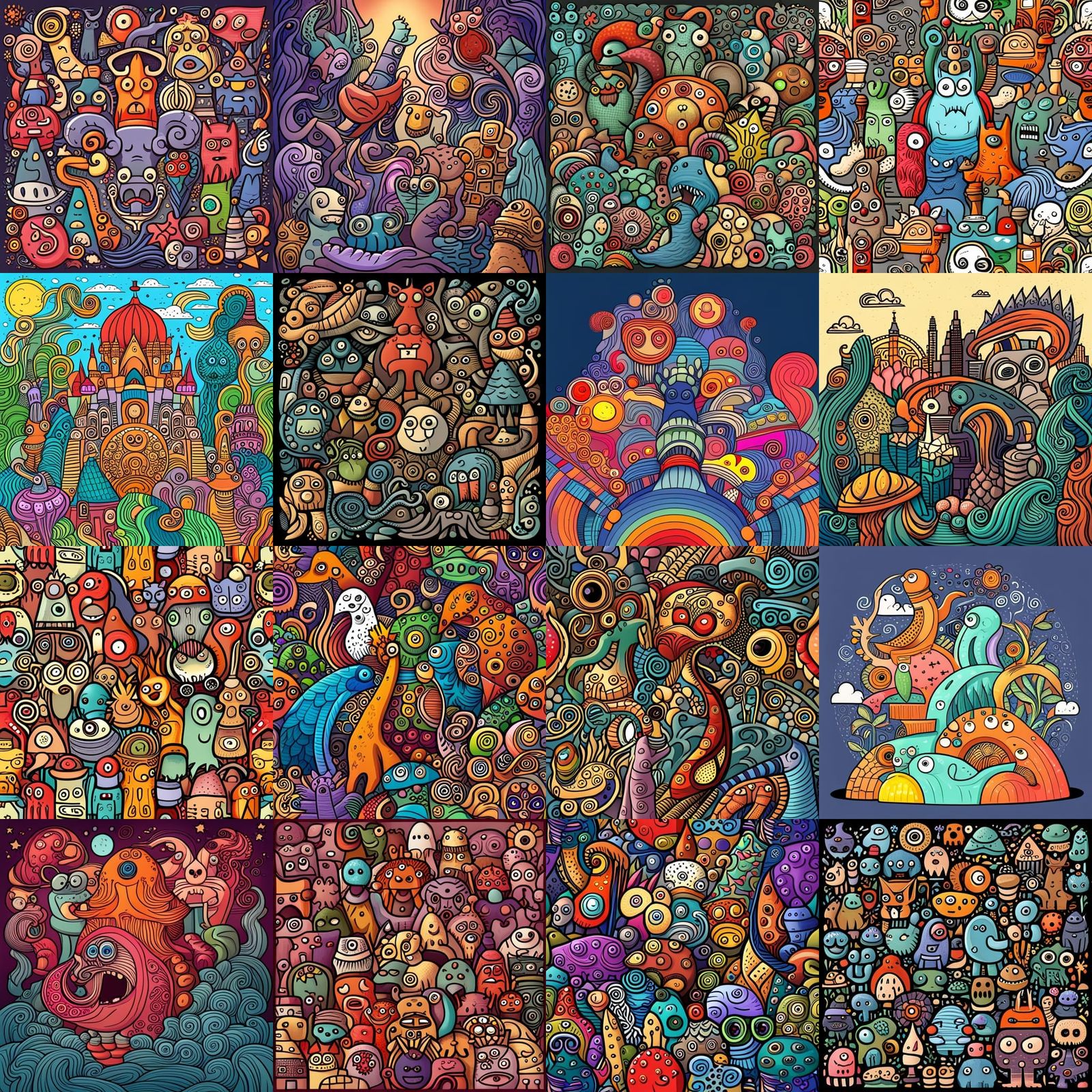 Creature creation, many monsters, doodle art style, colorful...