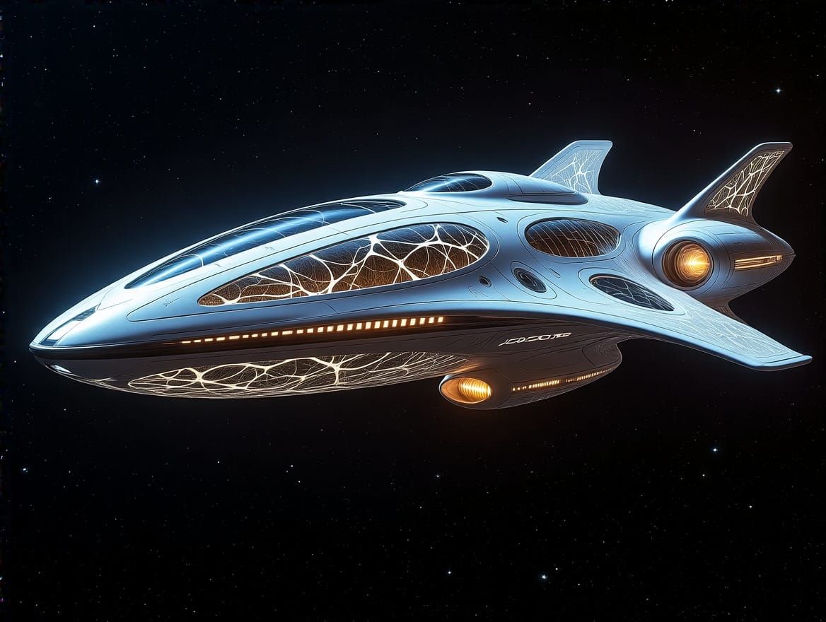 A spaceship named "BioForge Odyssey" floats gracefully against a star-studded Galaxy.  by @Mike - Red Vulcan