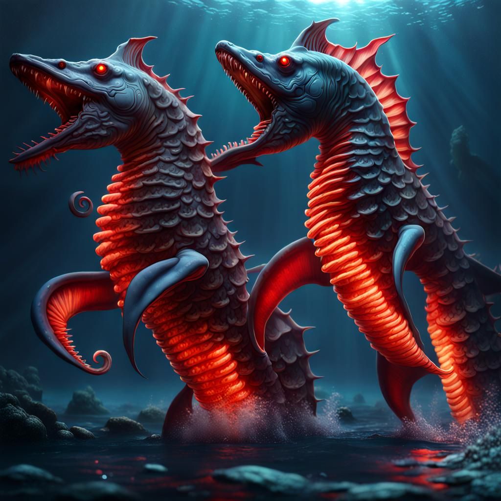 Giant rabid seahorses with glowing red eyes eating a shark detailed matte painting, deep color, fantastical, ...  by @rteodo