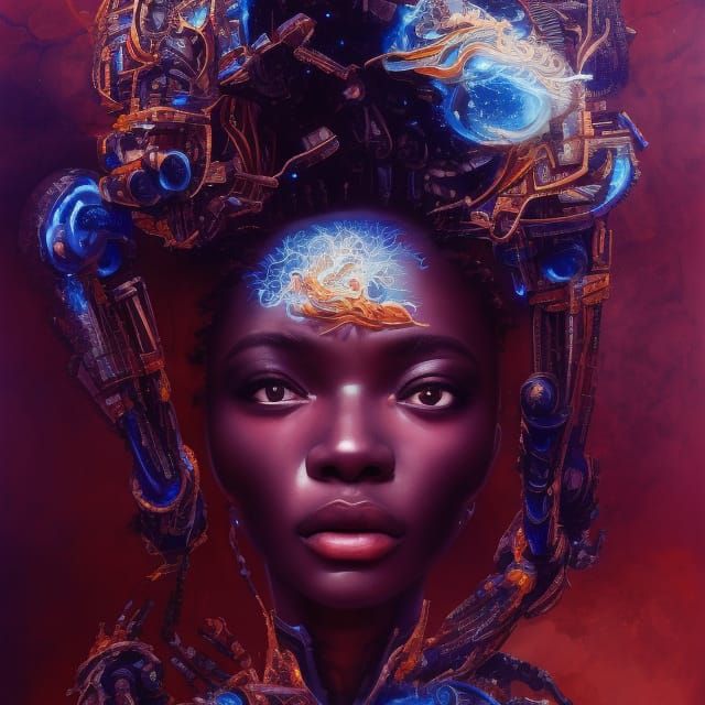 Portrait of a beautiful MECHA ROBOTIC MACHINE GODLIKE african black ...