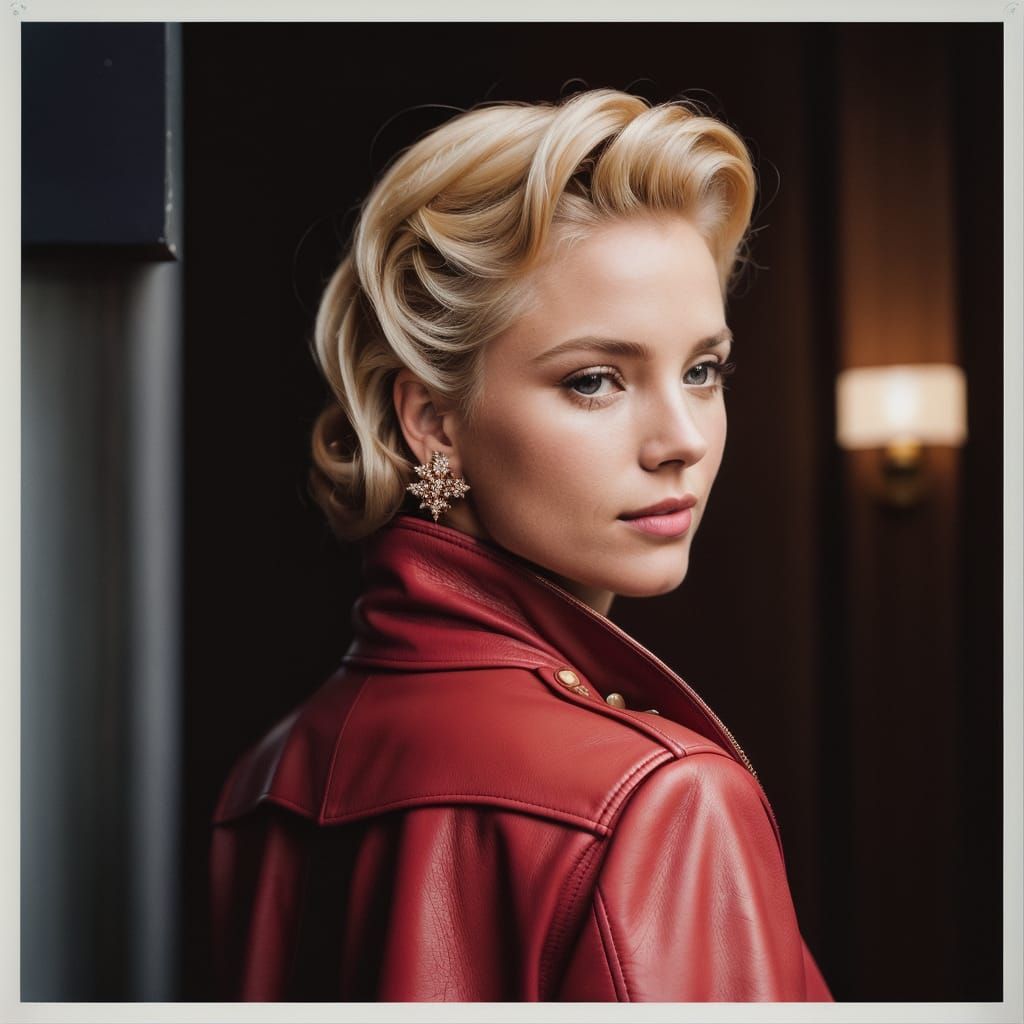 A Woman Who Looks Like Grace Kelly Wearing a Red Leather Jacket