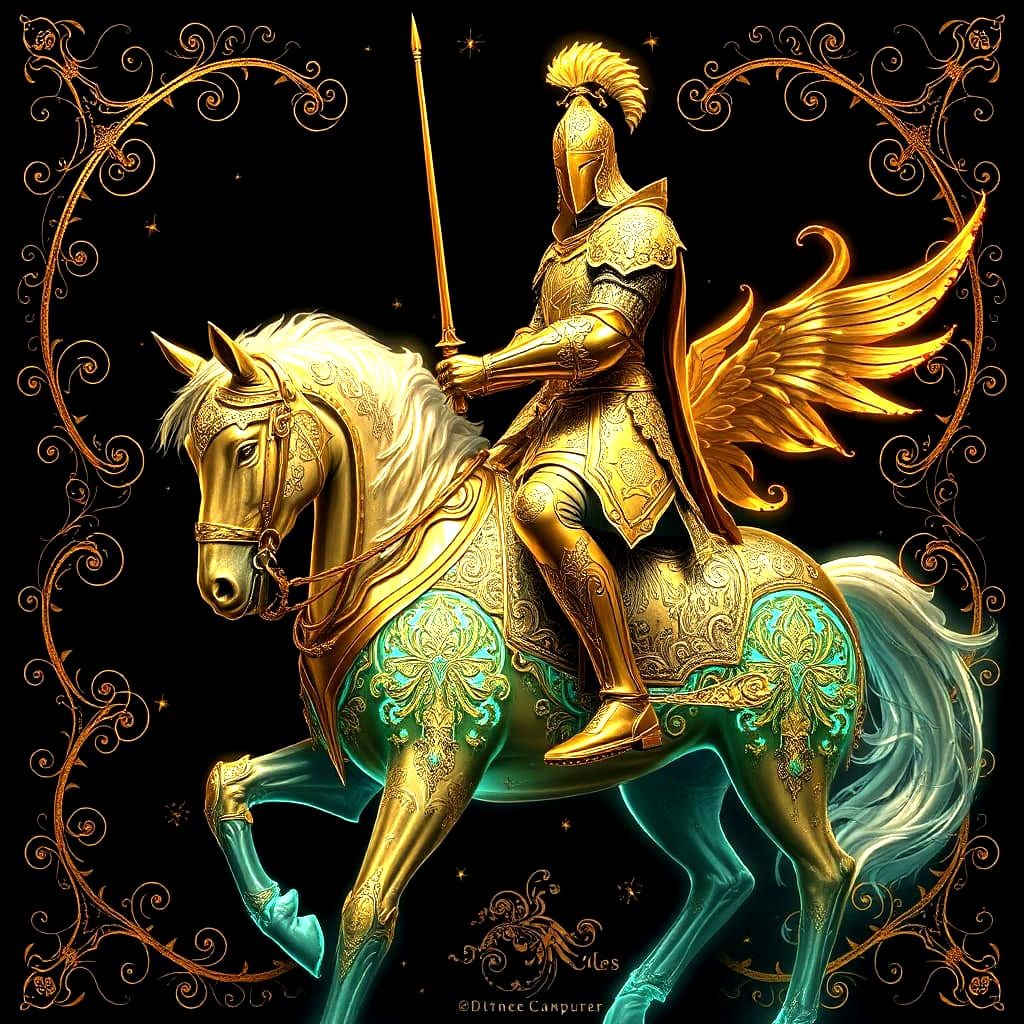 A Knight on a horse 
that is bioluminescent and ethereal, with filigree, and a black background filled with golden designs of filigree. The ...