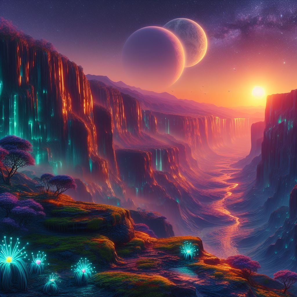 Sunrise over a vast alien landscape