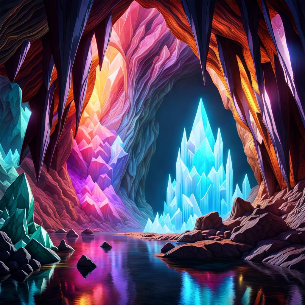 Sharp Crystal Filled Cave, Large Colorful Crystals, Refraction 