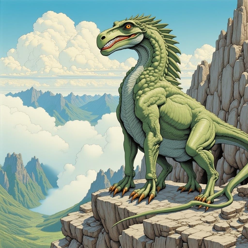 <lora:MObius Flux:1.0> A gryphon standing on a rocky ledge overlooking a valley covers by clouds, illustration by Moebius, highly detailed,...