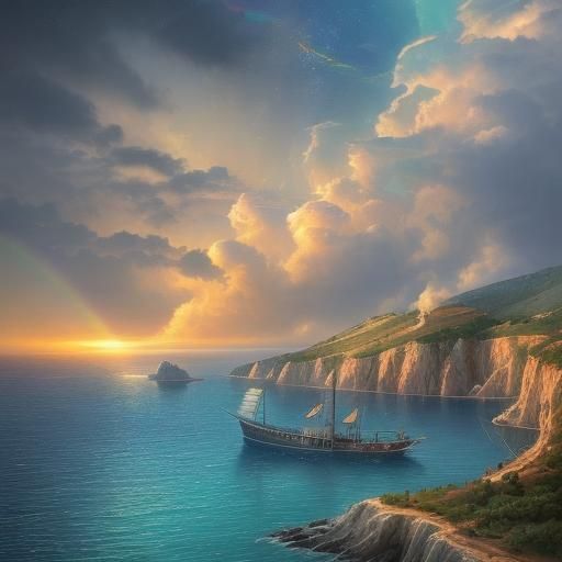 Steampunk Engine on Greek Bay with Rainbow