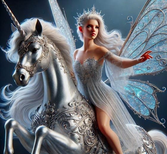 Silver and White Fairy Riding Unicorn Art By Archangel Tara