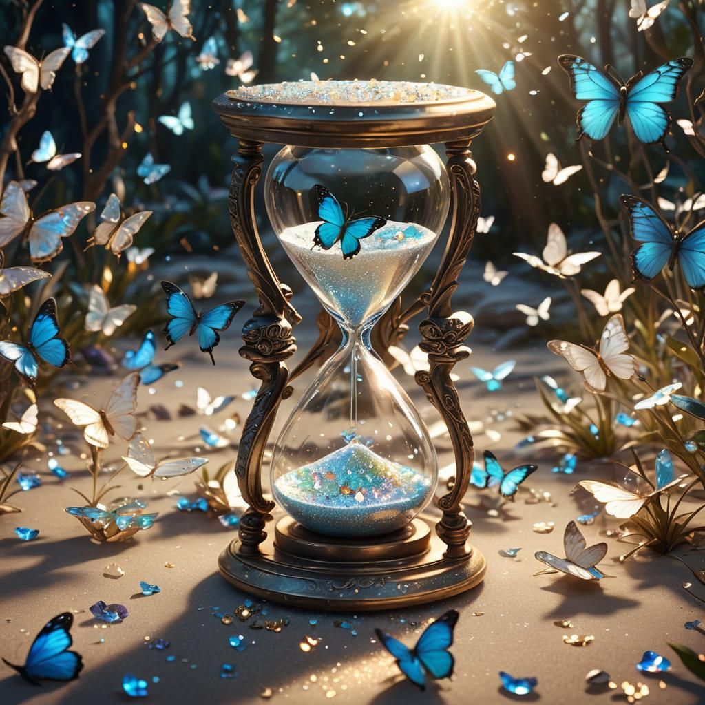 Stunning iridescent, bio-luminescent hour glass shining in t...