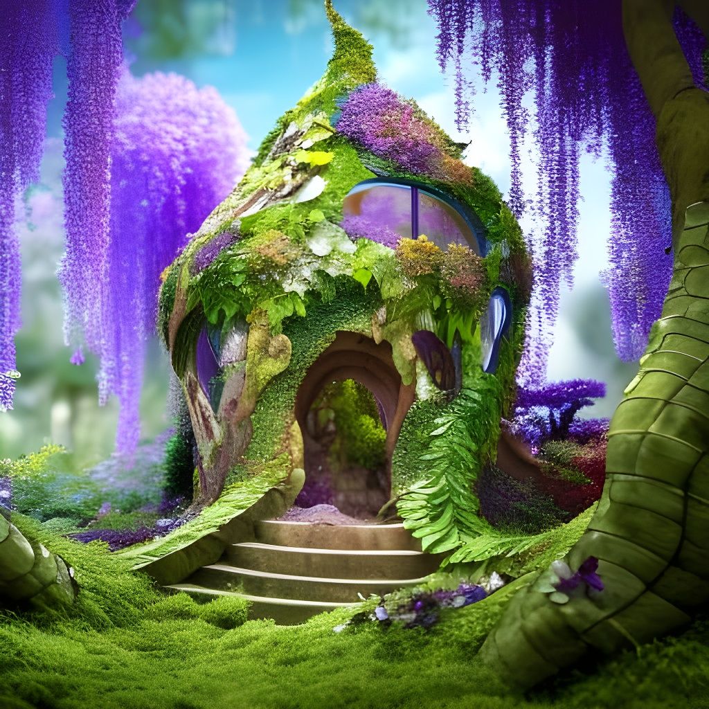Fairy castle made of curved glass, ivy, wisteria,  in a fant...