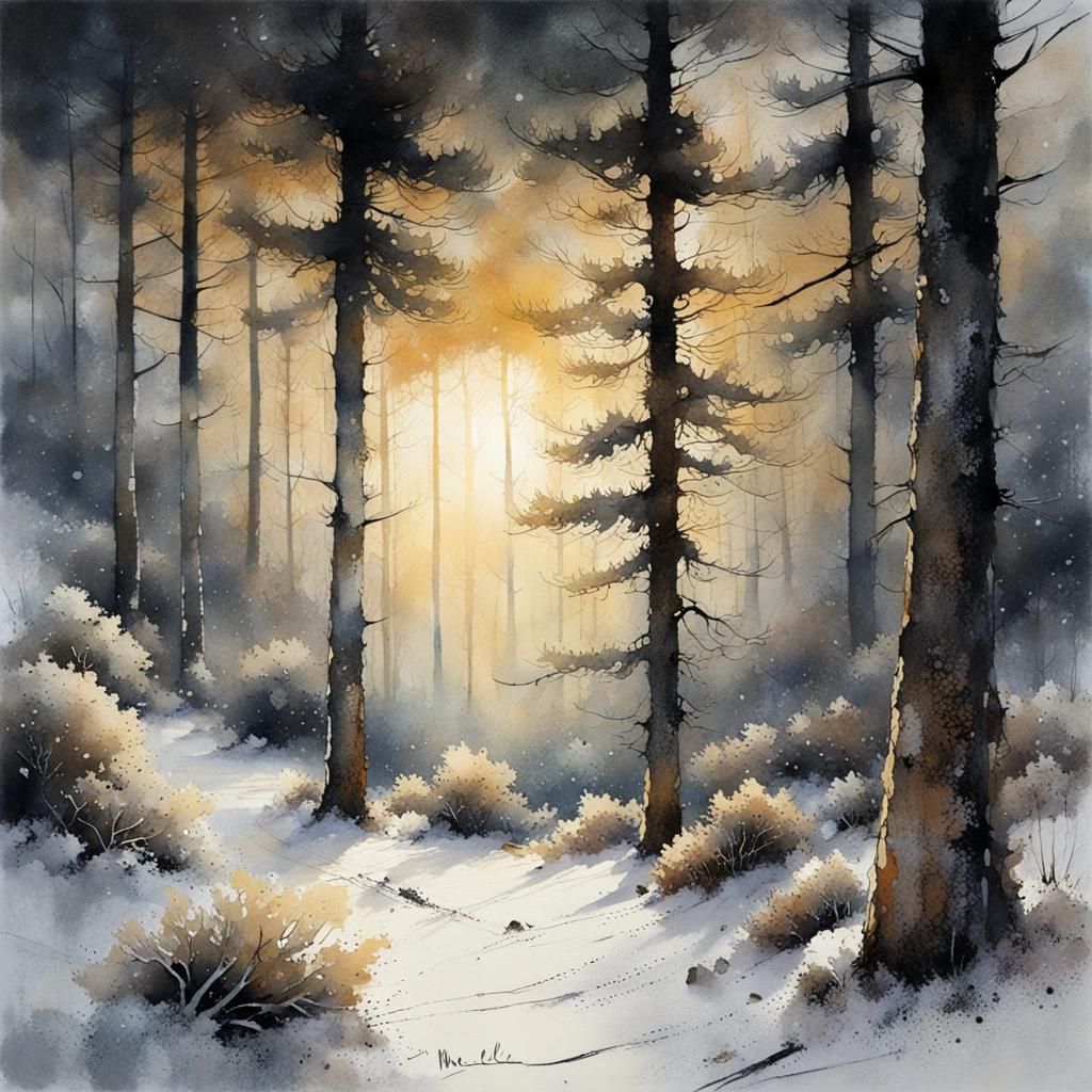a warm light in the dark snowy pine forest, by Stewart Edmon...
