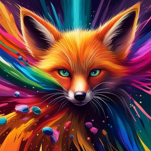 close-up of a furry fox in an explosion of rainbow colors.  by @Gally_JBG