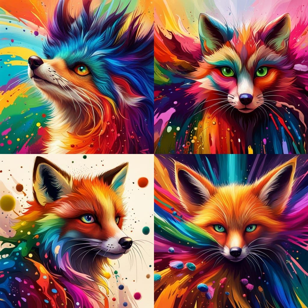 close-up of a furry fox in an explosion of rainbow colors, big eye, detailed fur, Edwin Landseer, 8k splash art, spray p...
