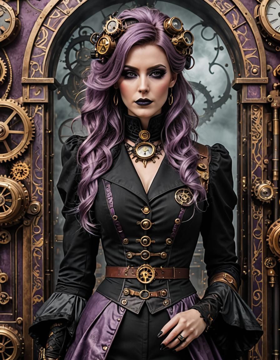 full-length steampunk portrait of gorgeous woman with unexpe...