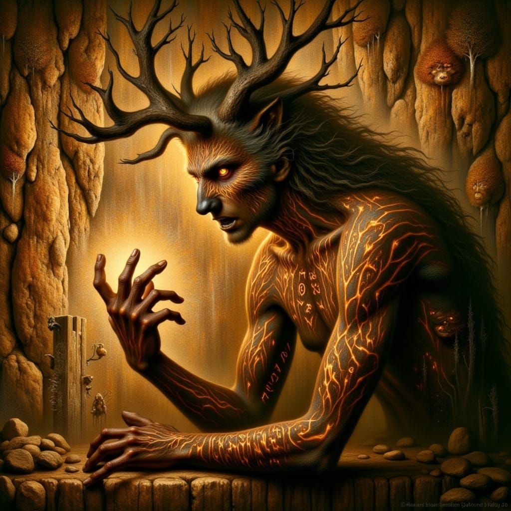 The wendigo-volva painting ancient proto-Germanic rune stories onto a cave wall lit by firelight, zoomorphic features in shadow, smoke blend...