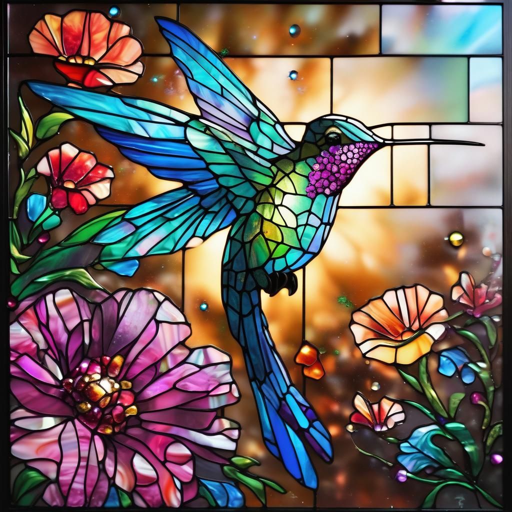 a stained glass hummingbird next to flowers  by @BL0550M
