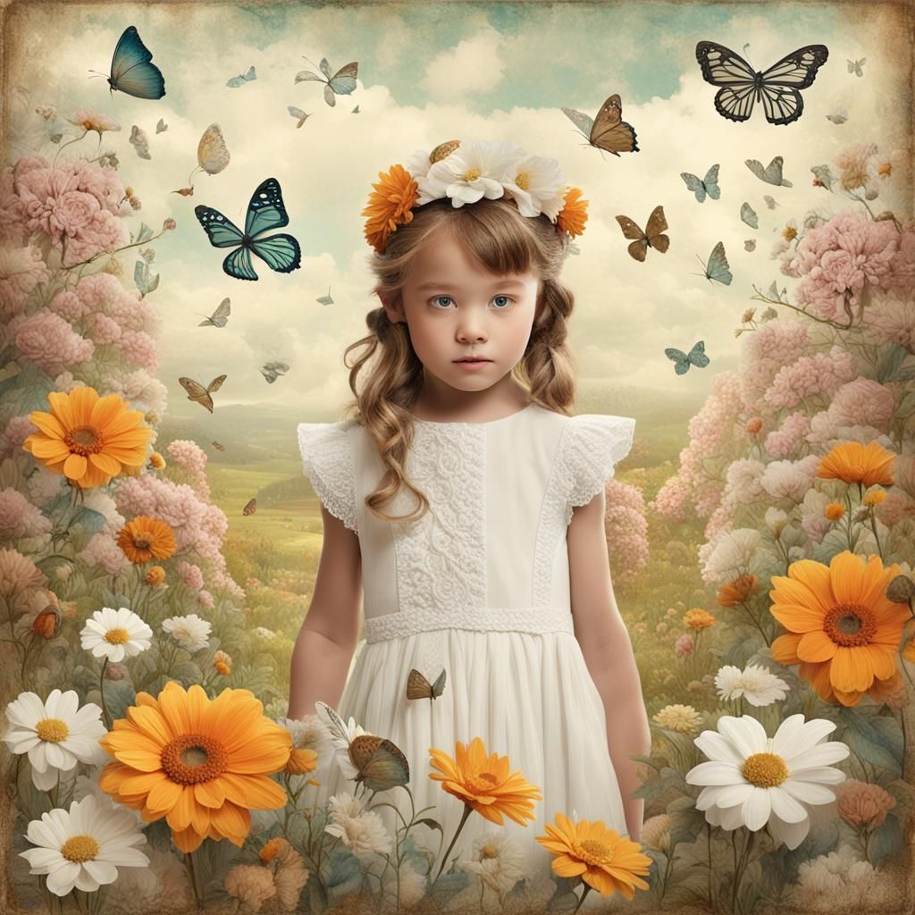 " Get , niña muy hermosa en un campo con flores pajaros y ma...