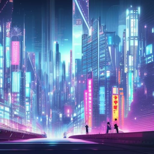 Futuristic Japan, skyscrapers, neon lights, spaceships, technology ...