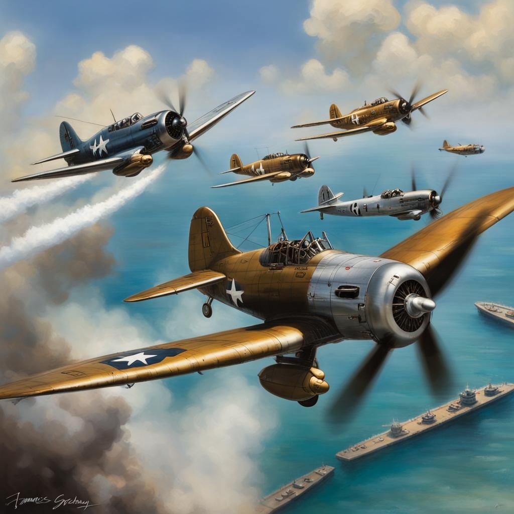 Douglas SBD-3 Dauntless dive bombers attacking a Japanese ship at ...