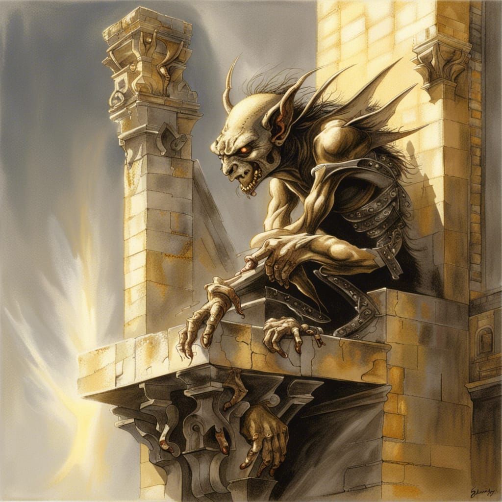 gargoyle goblin on a building, Luis Royo , grey and gold gothic Shimmering gold , Sunny