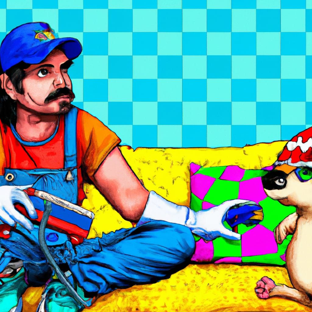 Italian plumber playing 80s video games with his pet hedgehog