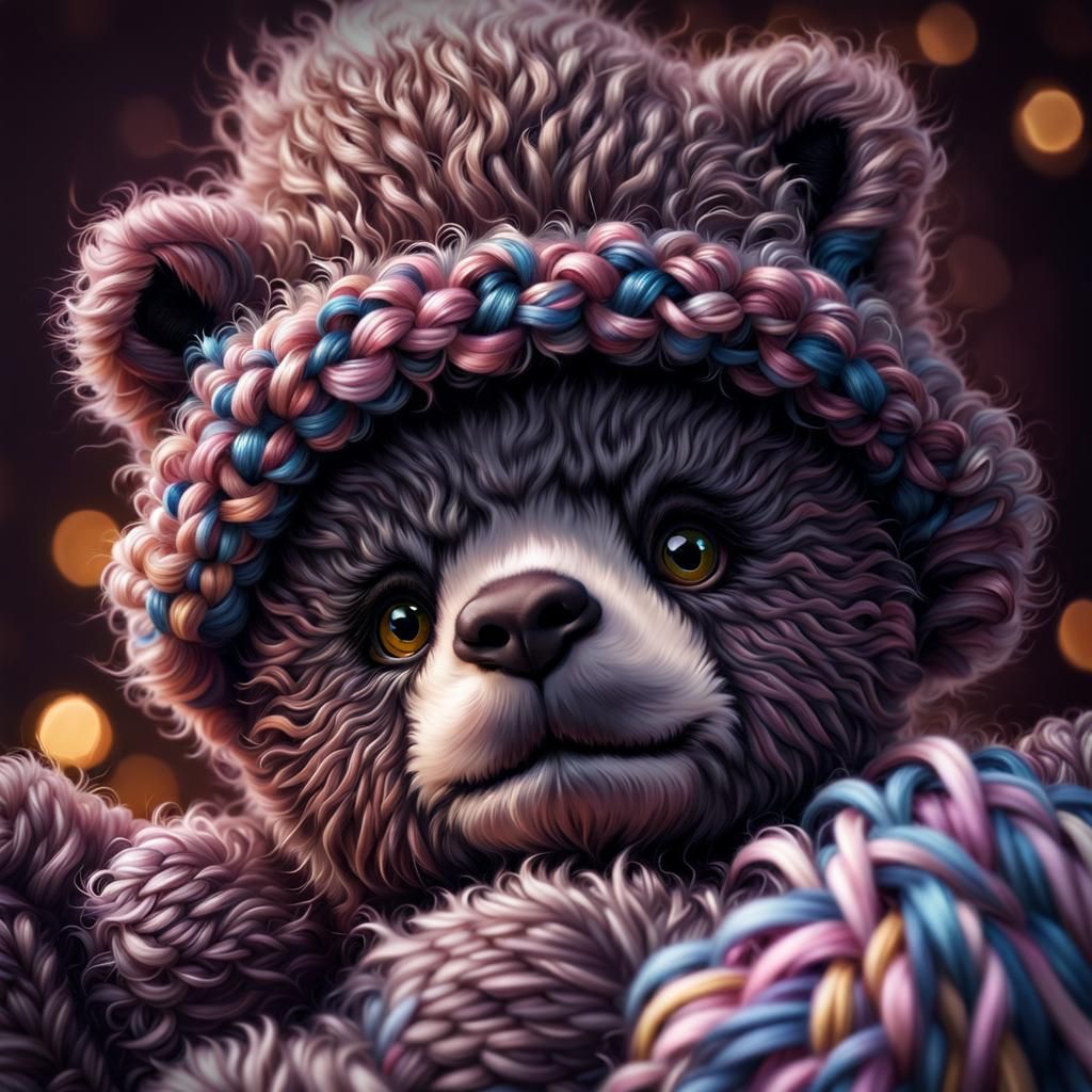 Cute and fluffy tiny baby teddy-bear. Knitted yarn. Wool. fluffy. Cuddly wool. Big beautiful bear eyes. Fluffy mohawk. Adorable, baby teddy...