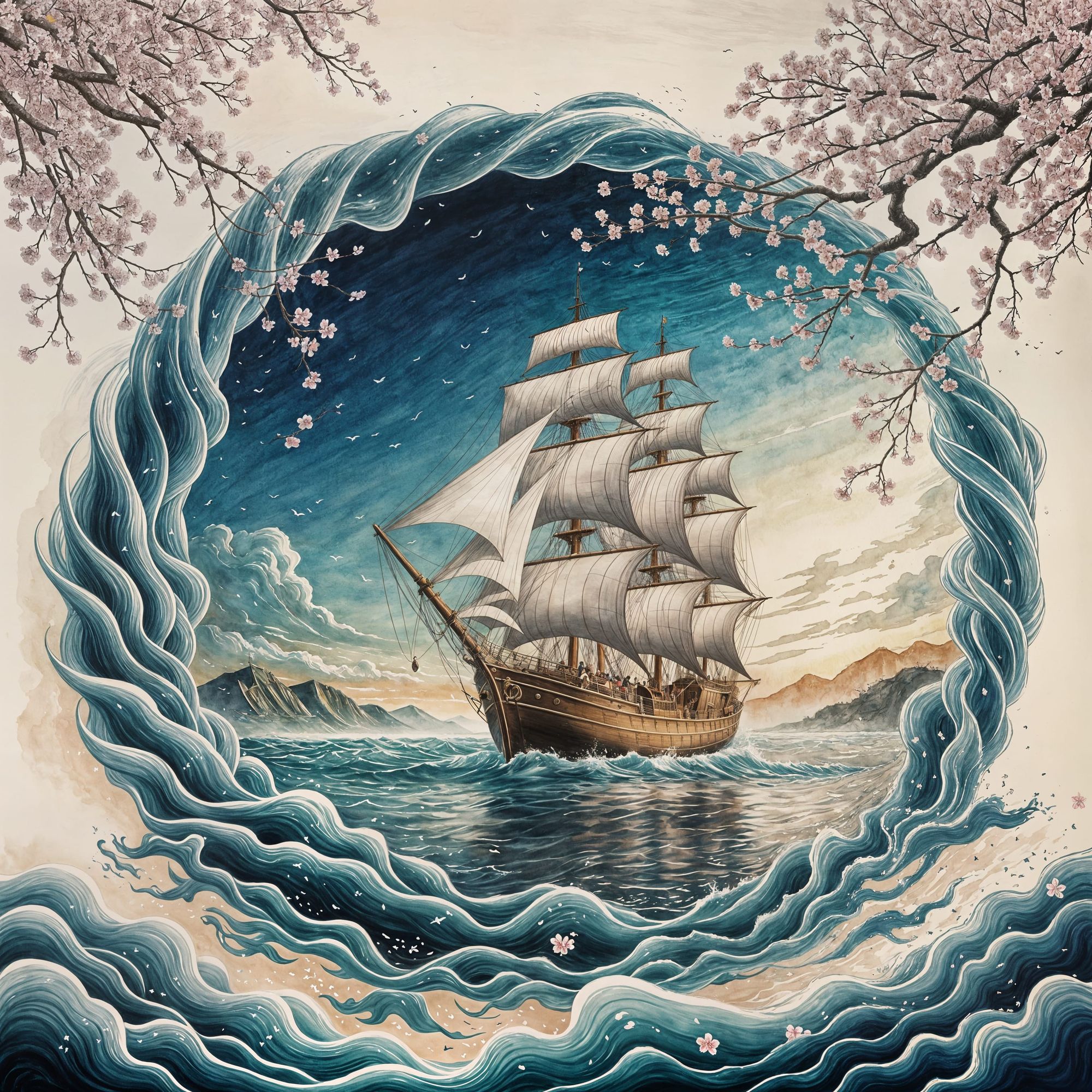 watery portal in the middle of a calm, traditional Japanese sea.