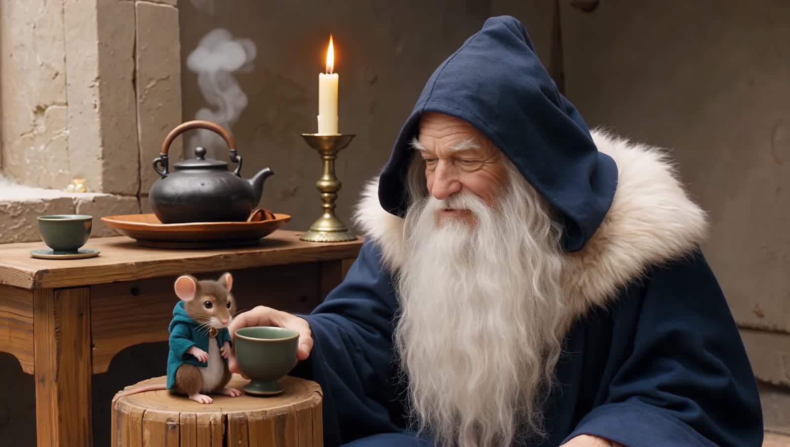 Old wizard wearing hooded blue robes with waist length white beard and hairs sipping tea while conversing with a white m...