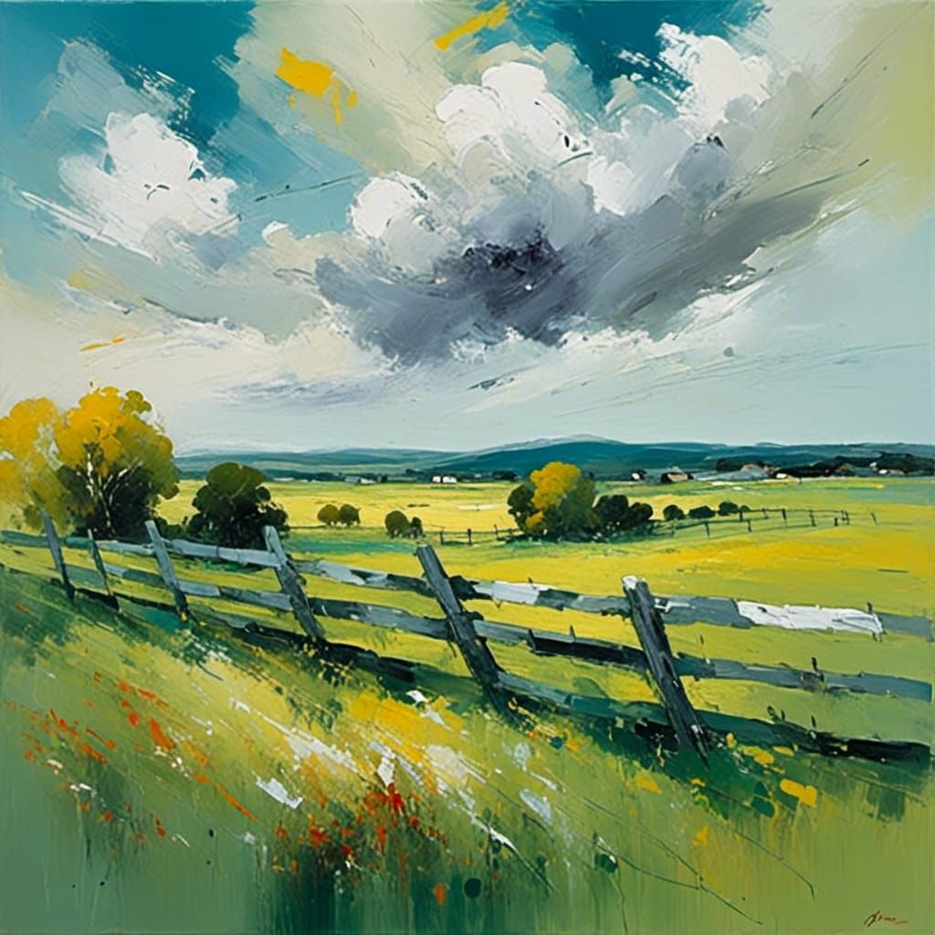 <lora:Lyrical abstraction:1.0> A horse grazing in an expansive pasture, billowy clouds, fences