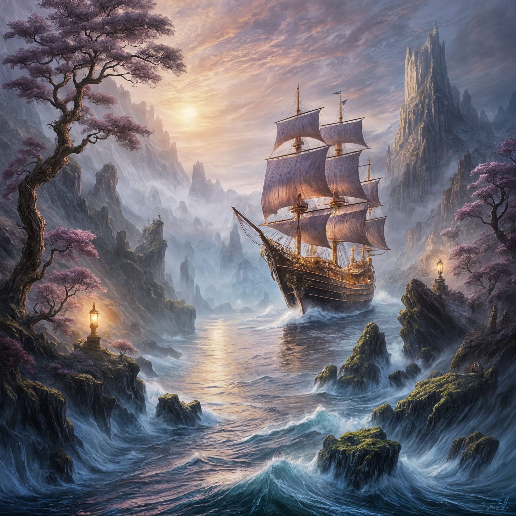 A highly detailed fantasy painting of a grand legendary seascape at dawn.
Dramatic, sweeping, and cinematic.
A colossal ancient ship, built ...