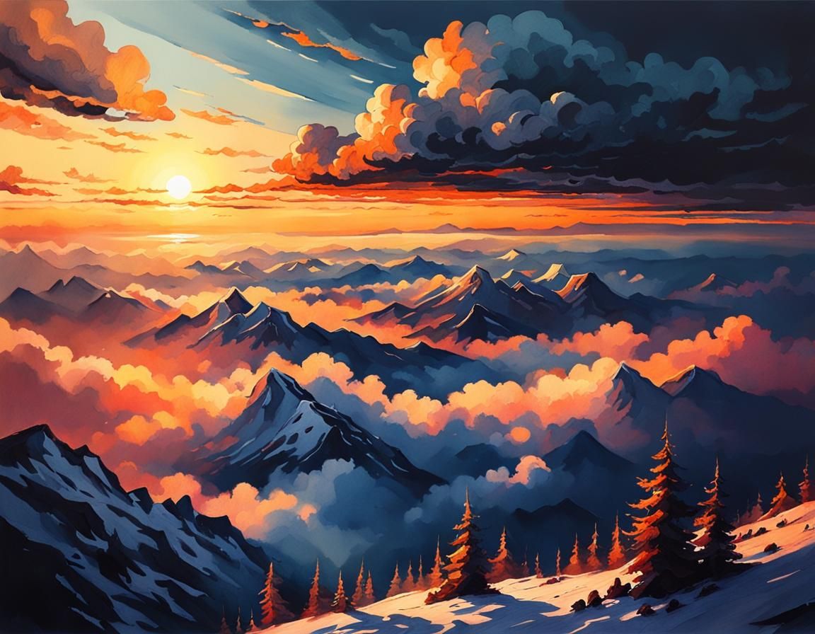 Watercolor Sunset Above Clouds: Matte Painting
