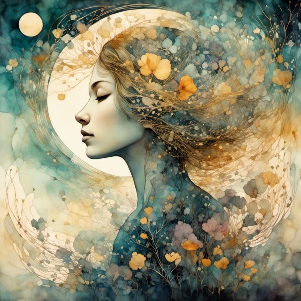 <lora:Liquid Ink:1.0> Create a twilight, intricate, organic layered double exposure image that evokes the feeling of a liquid ink watercolor...
