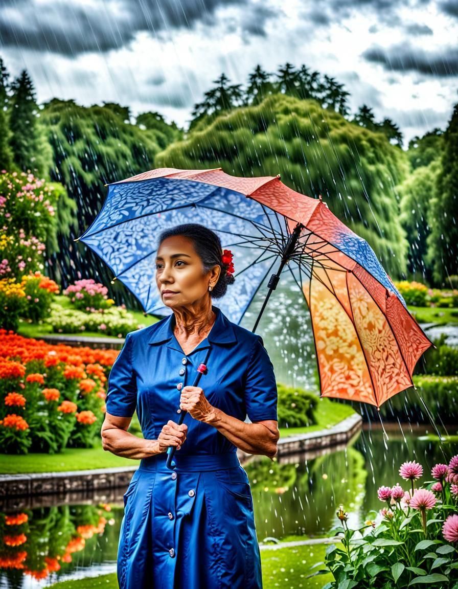 A woman with an umbrella in the rain inside a garden park with trees and flowers near a river. intricate details, HDR, beautifully shot, hyp...