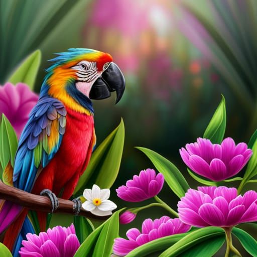 A Cute Parrot Surrounded by Tropical Flowers  by @Asteria