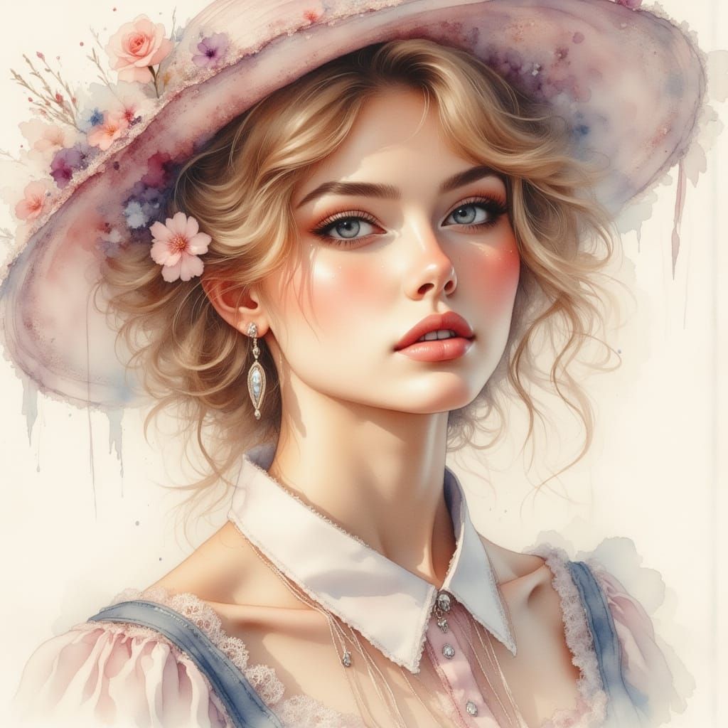 Ethereal Watercolor Portrait of Woman in Vintage Style