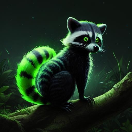 An alien racoon that is glowing green at night