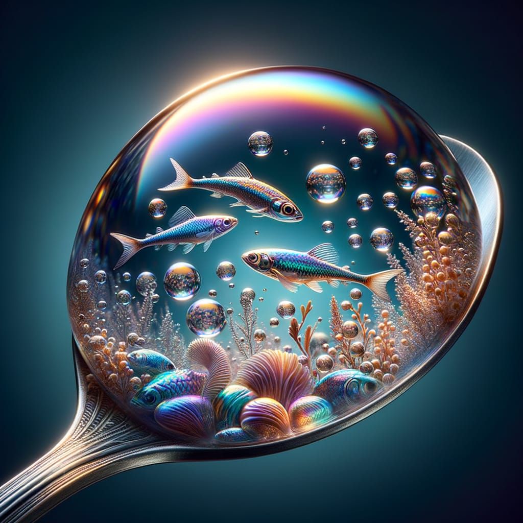 Iridescent sardines, miniature underwater scene