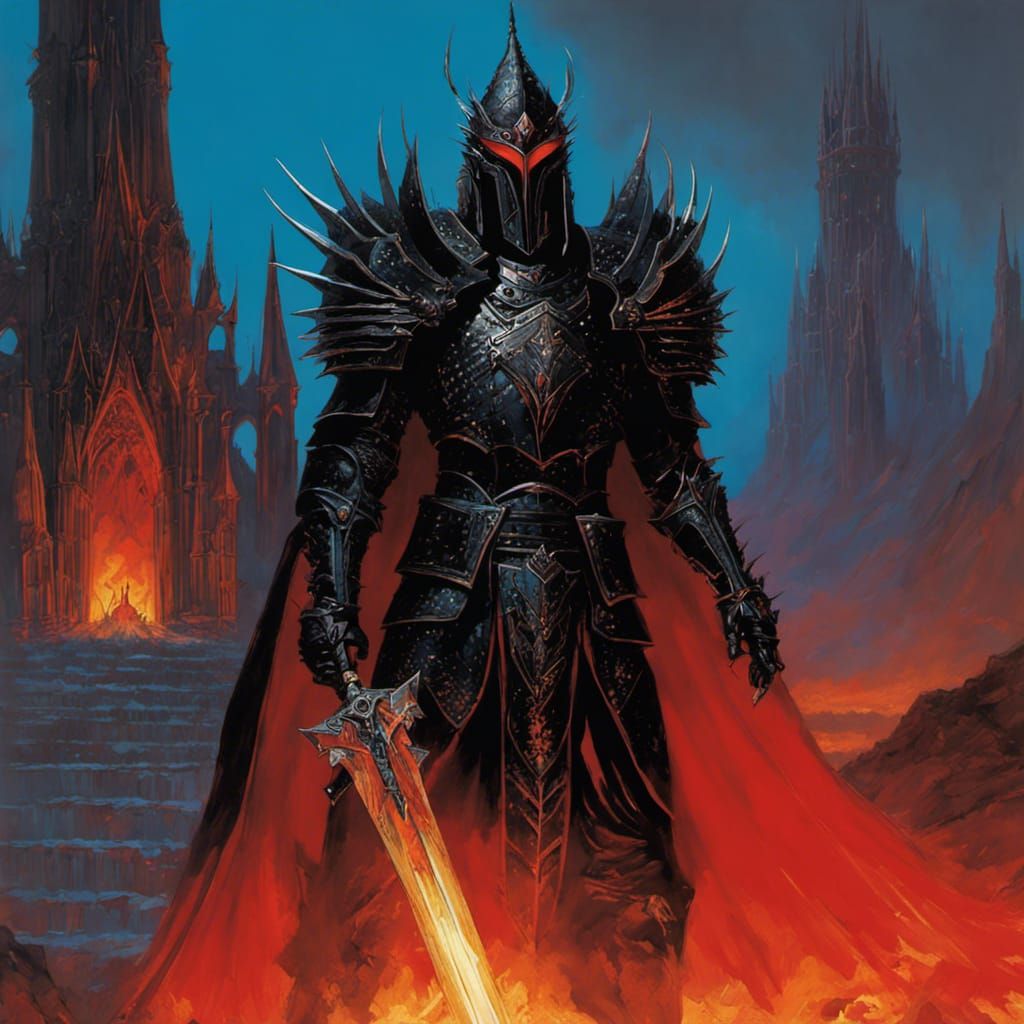 Sauron in black spiked armour, bloody and horror, by Richard Michael ...