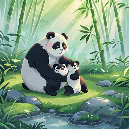 Watercolor-Inspired Anime Concept Art: Mother and Child Pand...