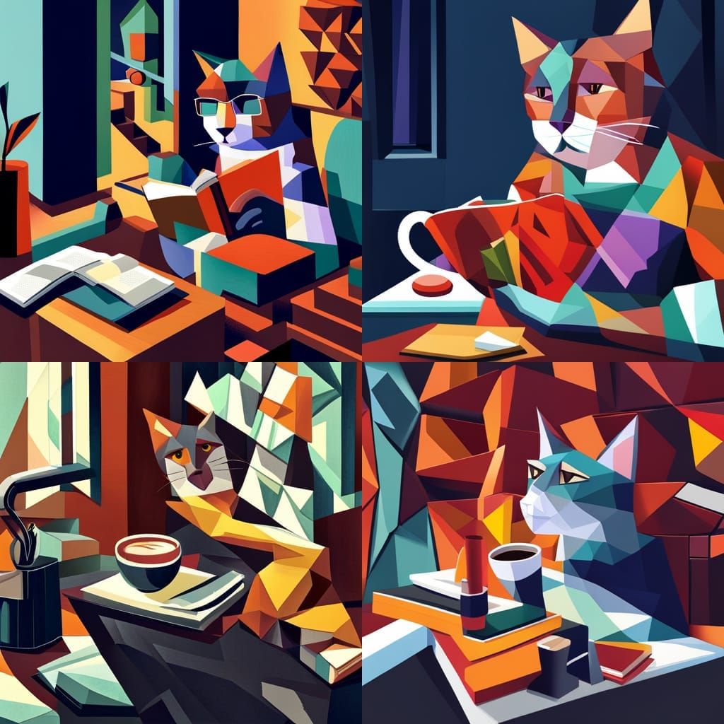 cat  reading  book drinking coffee