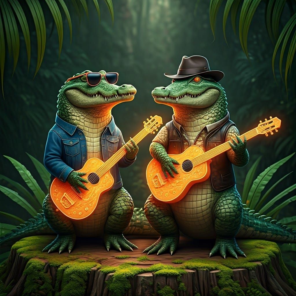 Crocodile Rockers: Futuristic Jungle Duo in Hyper-... - AI Art