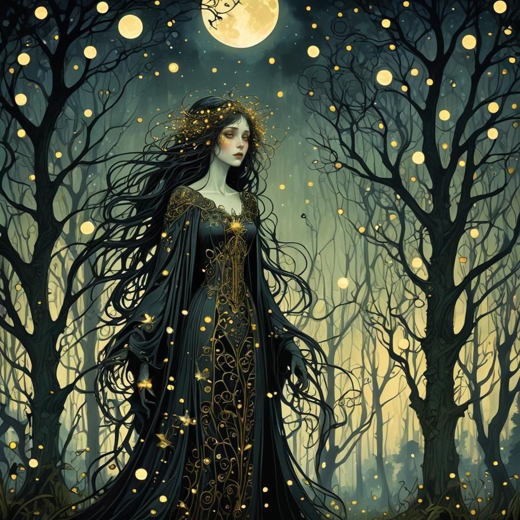art nouveau, dark forest full of tiny brightly glowing firef...