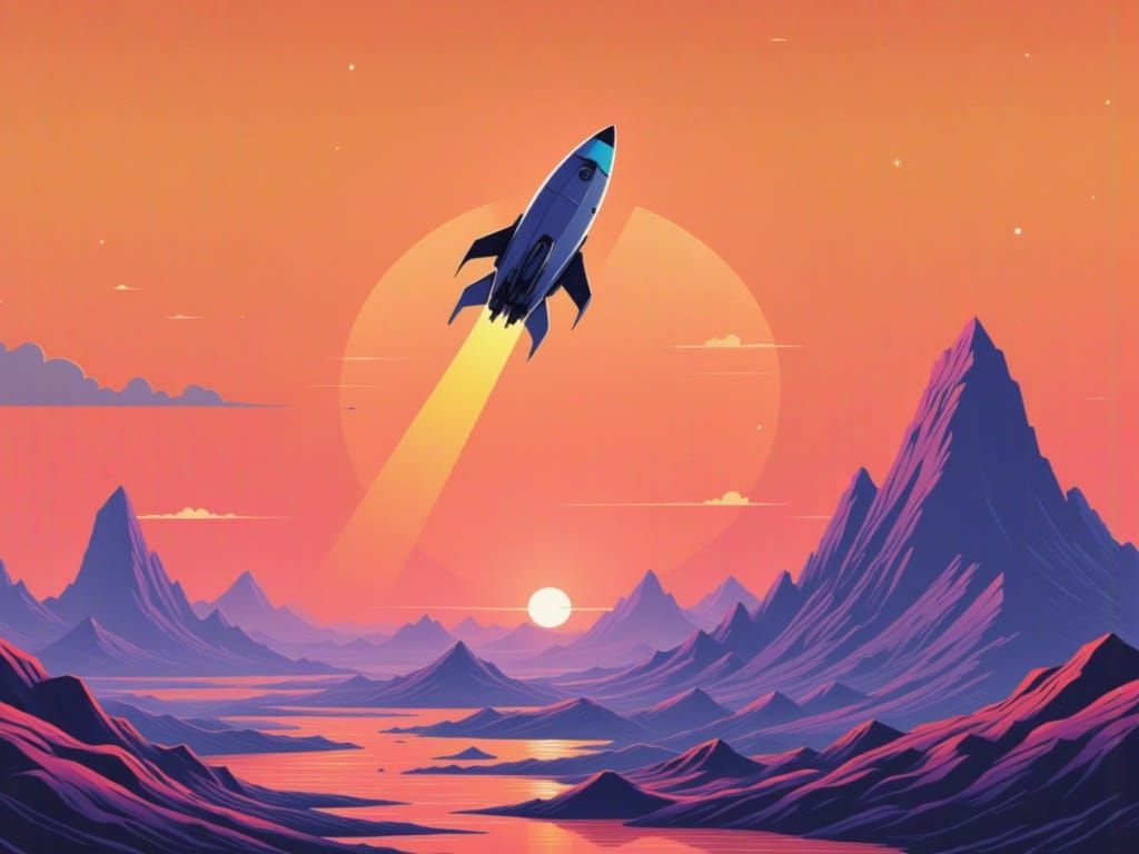 A spaceship taking off from an alien planet. <lora:Cosmic Clear Pop:1.0> Vibrant colours, Well-defined shapes, Minimalistic detail, Focusing...