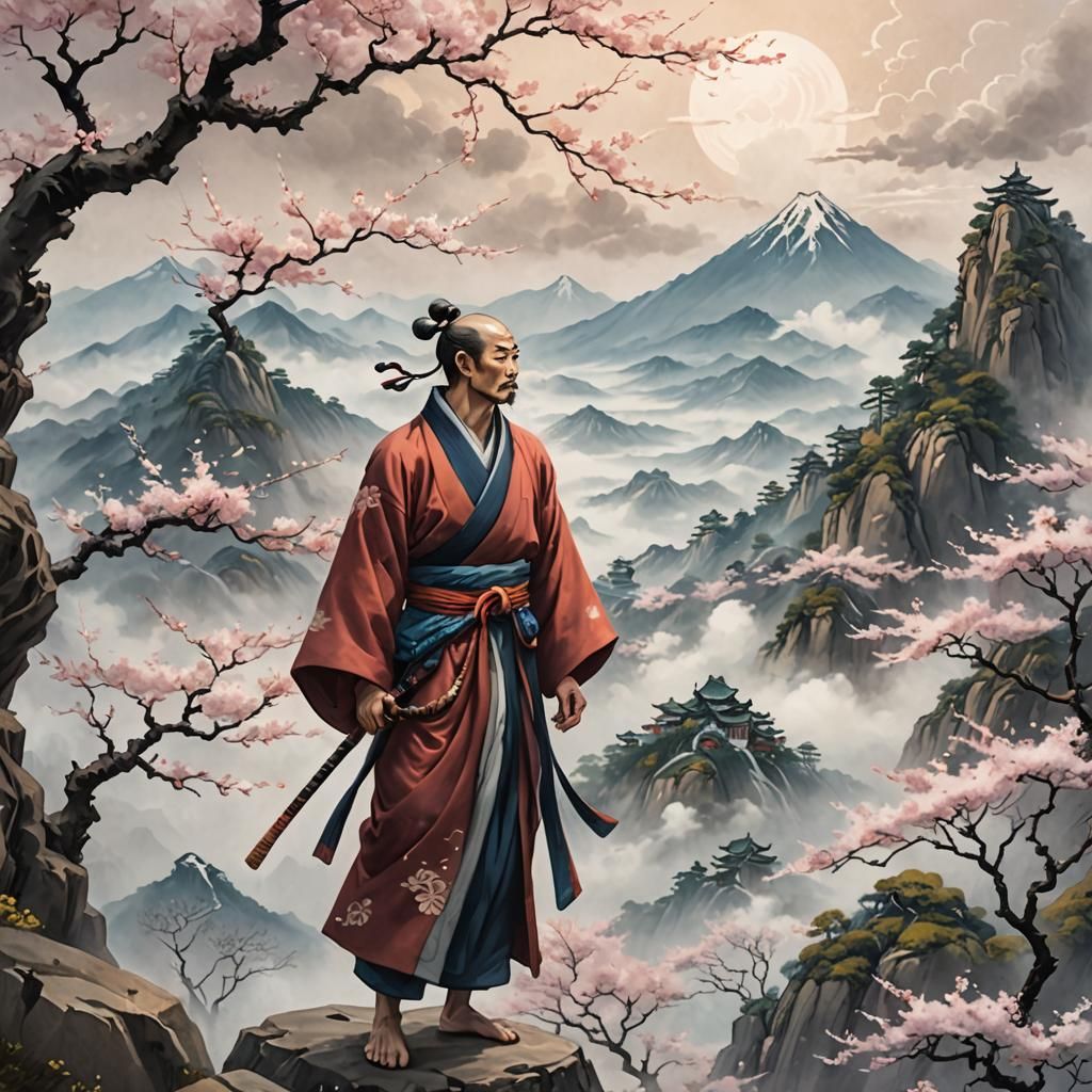 Wind Monk on Mountaintop in Hokusai Style