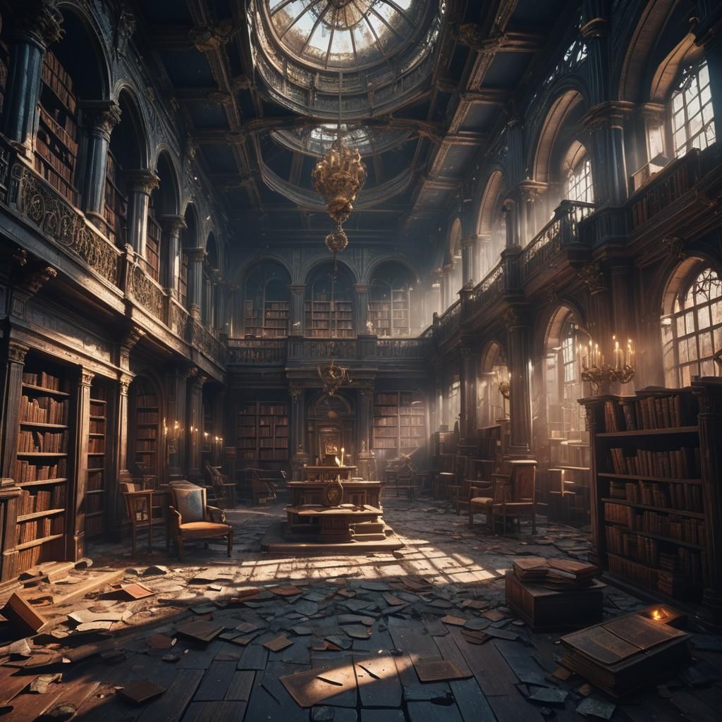 An Abandoned dark library with dust