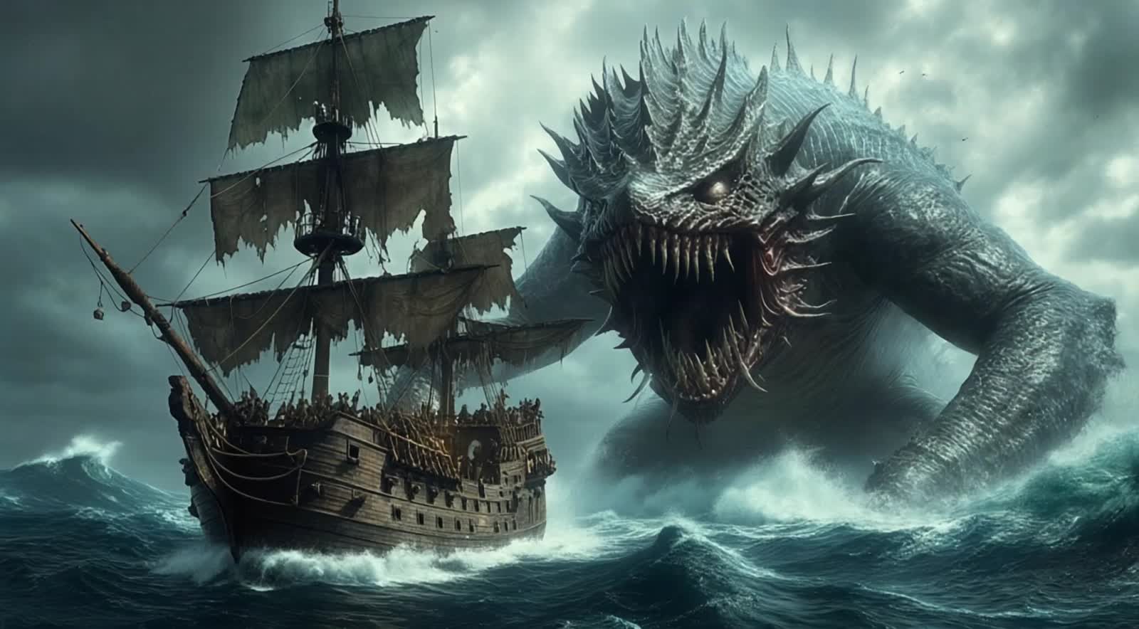 A pirate ship is being attacked by a enomise Seamonster.