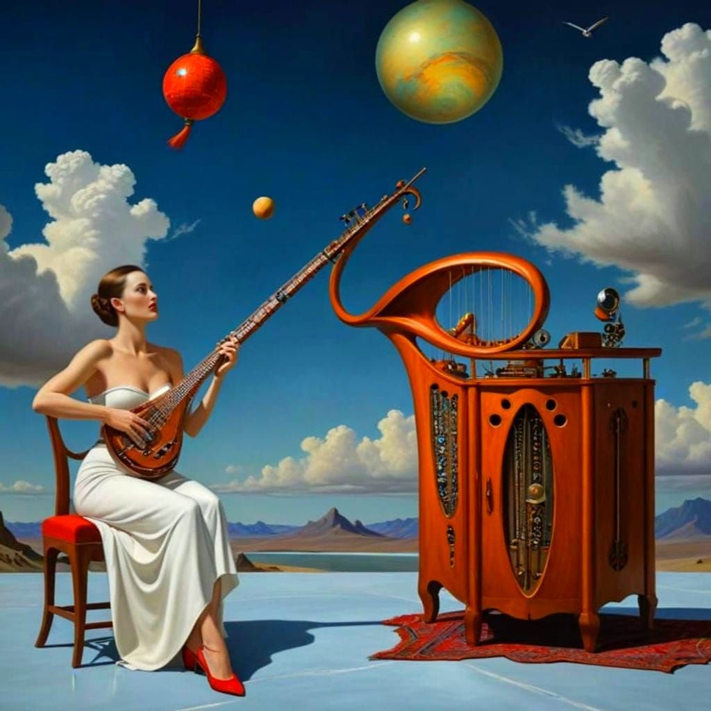 Happy Lady with Musical Instrument in Surreal Portrait