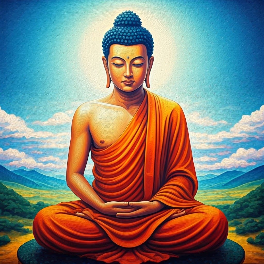 Buddhist Figure Contemplating Merit in Dreamlike Landscape